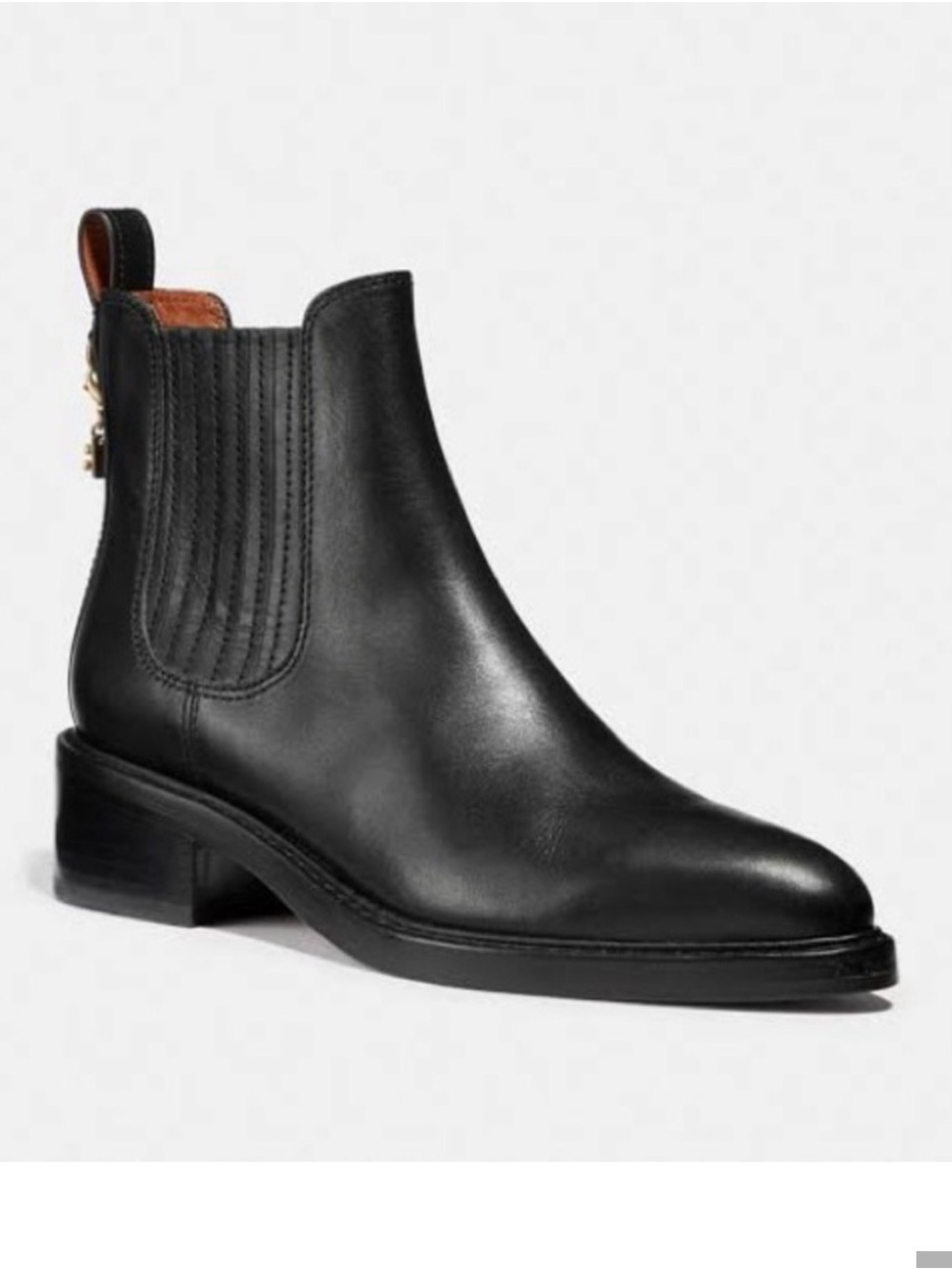 Coach Black Leather Chelsea Ankle Boot with Gold Zip Accent